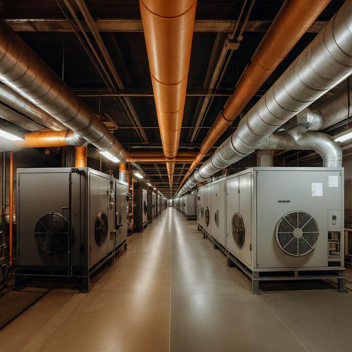 Salle avec système CVC moderne pour mise à niveau, lumière naturelle entrant par de grandes fenêtres.