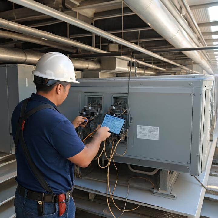 Technicien effectuant l'entretien d'un système CVC commercial, illustrant combien d'entretien un système de CVC commercial nécessite-t-il?