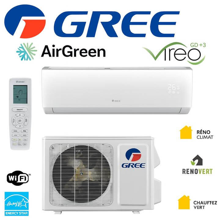 Installation d'une Thermopompe Murale Gree Vireo Gen 3 à Anjou, Montréal en cours sur un mur en briques rouges.