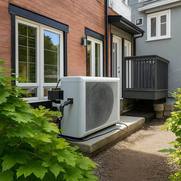 Inspection d'un système de thermopompe centrale à l'extérieur d'une maison, illustrant la question combien de temps dure un système de thermopompe centrale?