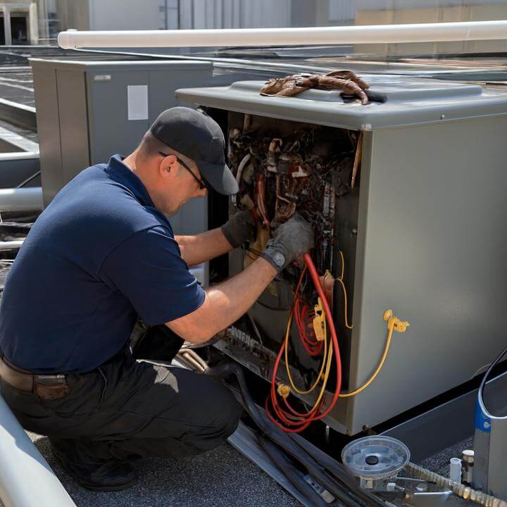 Homme préoccupé à côté d'un système de CVC sur un toit commercial - Quels sont les signes qu'un système de CVC commercial a besoin de réparations?