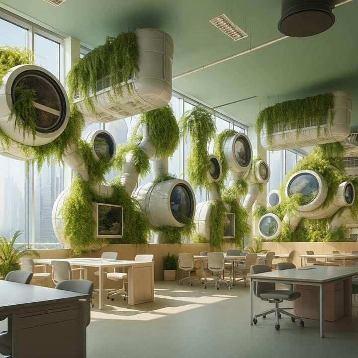 Innovative office with sustainable HVAC design showcasing eco-friendly elements. Existe-t-il des solutions CVC durables ou écologiques pour les espaces de bureaux?