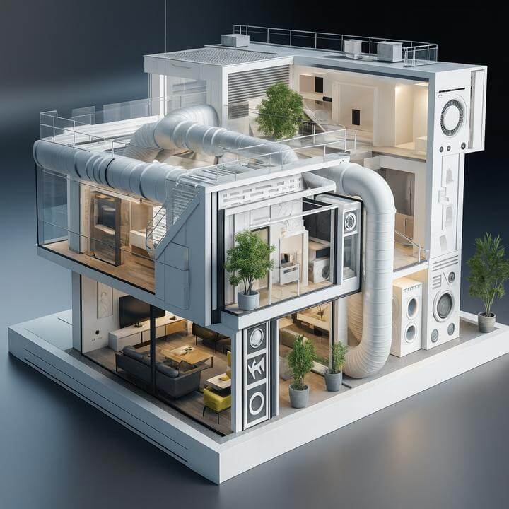 Modèle de bâtiment montrant des systèmes d'air de compensation en action dans un environnement commercial, Qu'est-ce que les systèmes d'air compensé et pourquoi mon entreprise pourrait-elle en avoir besoin?