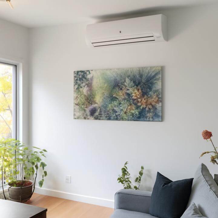 Installation intérieure d'une thermopompe murale, illustrant quels sont les avantages d'une thermopompe murale dans un salon moderne.