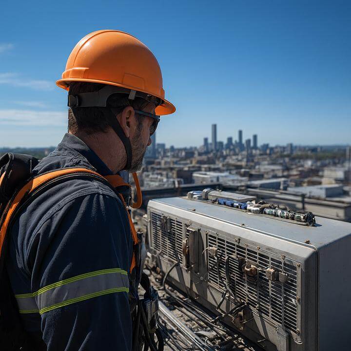 Technicien inspectant un climatiseur sur un toit à Montréal. Comment dépanner les problèmes courants de climatisation commerciale?