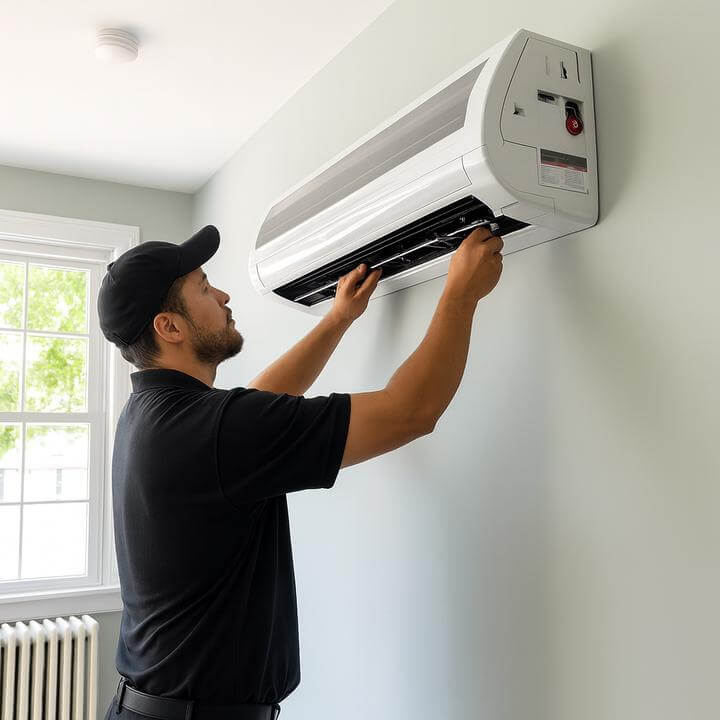 Technician working on a wall-mounted heat pump unit, illustrating 'Comment entretenir une thermopompe murale?'