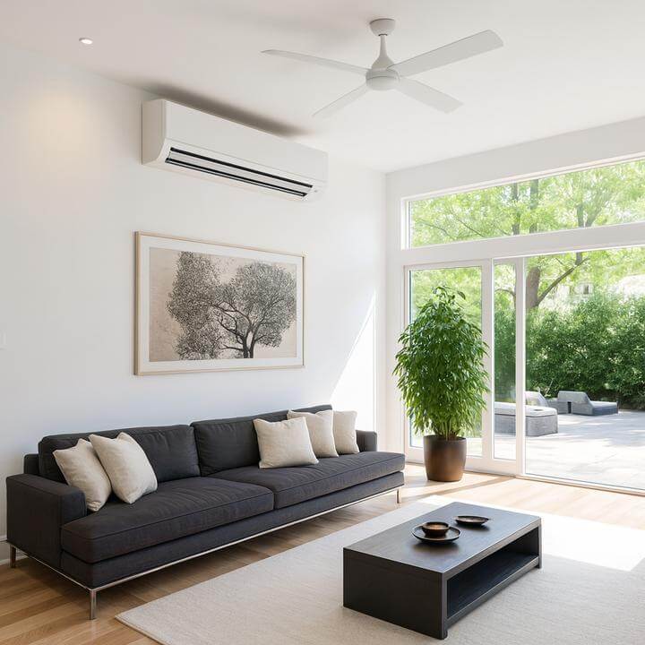 Salon moderne équipé d'une thermopompe murale démontrant comment fonctionne une thermopompe murale pour un confort optimal.