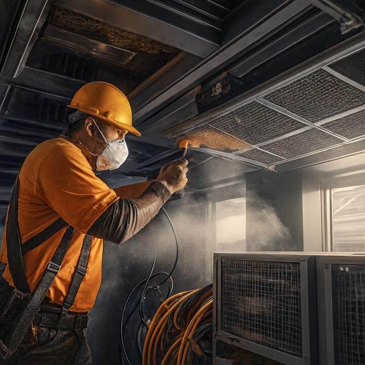 Technicien nettoyant un système de CVC commercial, soulignant l'importance du nettoyage régulier. Un système de CVC commercial nécessite-t-il un nettoyage régulier?