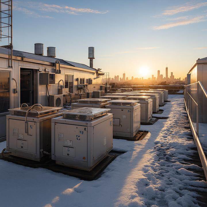Les systèmes de toiture conviennent-ils aux conditions météorologiques extrêmes comme à Montréal, toit enneigé au lever du soleil.