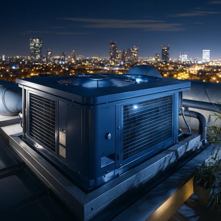 Système de toiture moderne sur un toit urbain, illustrant "Quels sont les coûts d'installation associés aux systèmes de toiture?" la nuit.