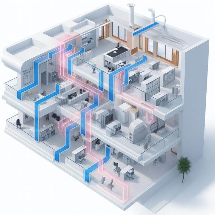 Diagramme montrant comment garantir un flux d'air optimal après une mise à niveau du système CVC dans un bâtiment moderne.