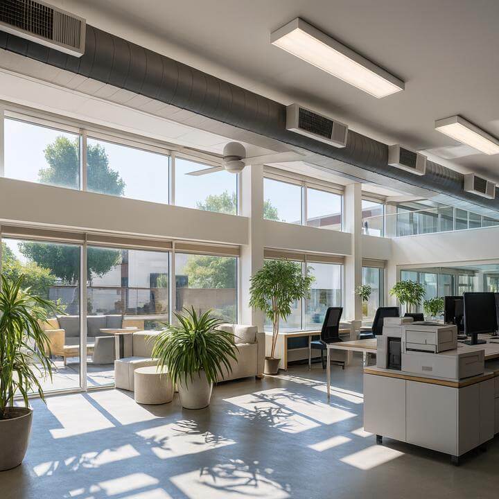 Modern office space with large windows and HVAC systems illustrating "Y a-t-il des considérations CVC spécifiques pour les espaces de bureaux au rez-de-chaussée?"
