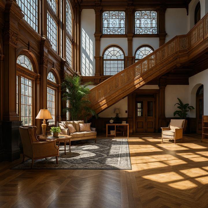 Intérieur d'un bâtiment historique avec mise à niveau CVC, montrant des éléments à considérer pour la modernisation du confort.