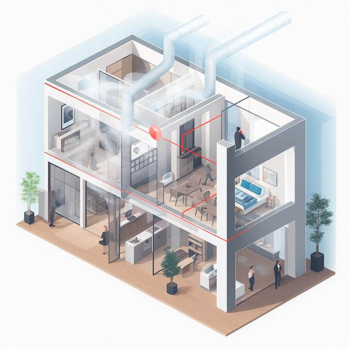 Illustration de pourquoi une ventilation adéquate est-elle cruciale pour les bâtiments commerciaux avec un système de ventilation visible.