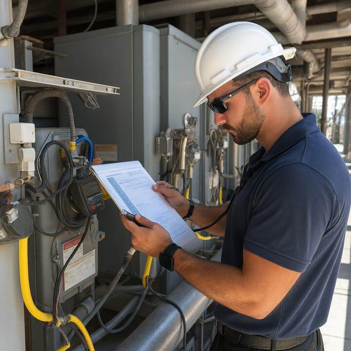 Technicien vérifiant les mesures de sécurité pour l'utilisation d'un système de CVC commercial.
