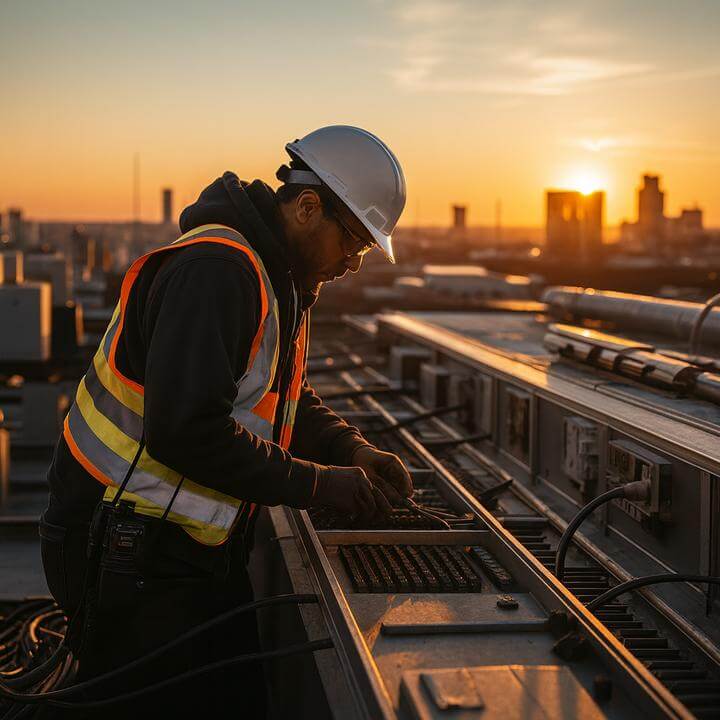 Technicien effectuant l'entretien de la climatisation commerciale au coucher du soleil | À quelle fréquence dois-je faire entretenir ma climatisation commerciale?