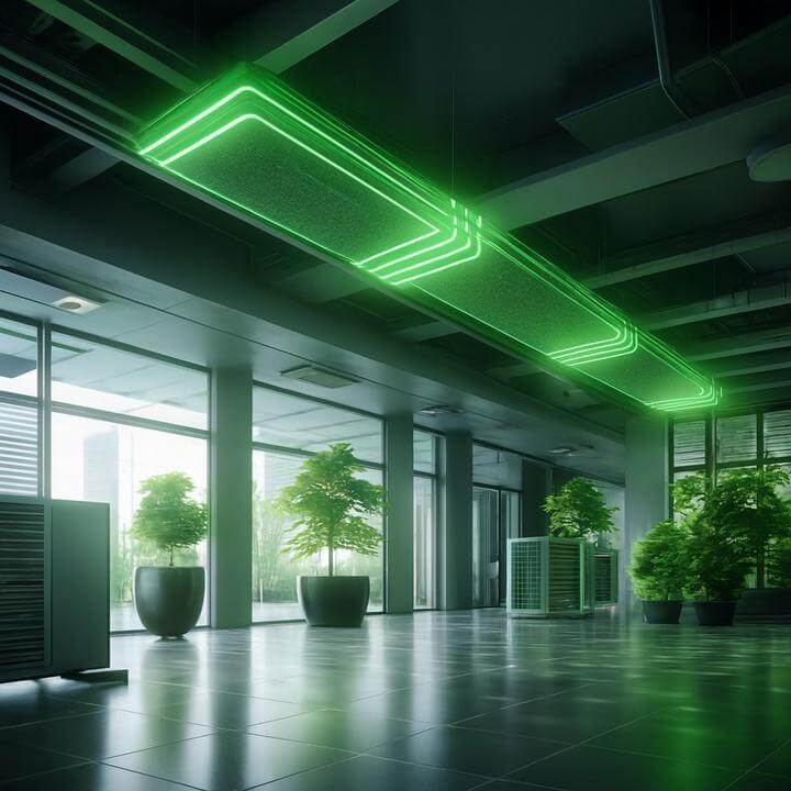 Système de ventilation commercial écologique avec éclairage vert, illustrant le focus: Existe-t-il des solutions de ventilation commerciale écologiques ou vertes?