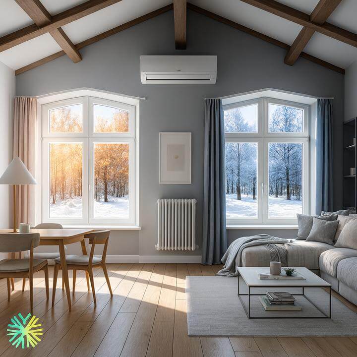 Modern living room interior with mini-split system, illustrating 'Devrais-je garder ma thermopompe allumée en tout temps? (Guide 2026)'.