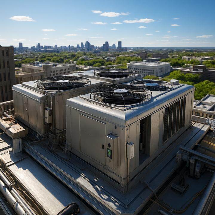 Modern rooftop air conditioning systems demonstrating how les systèmes de toiture contribuent-ils aux économies d'énergie.