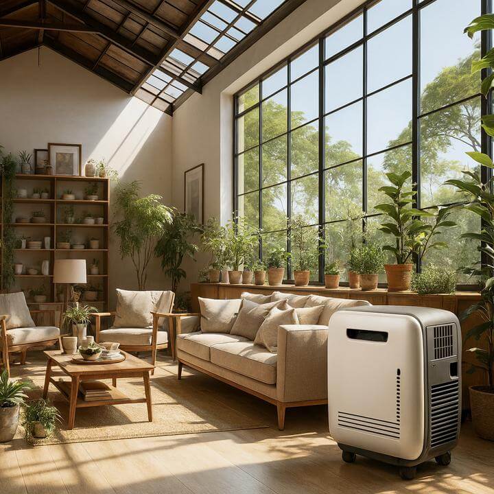 Déshumidificateur AirGreen dans un salon ensoleillé, Qu'est-ce qu'un déshumidificateur commercial et en quoi diffère-t-il des modèles résidentiels?