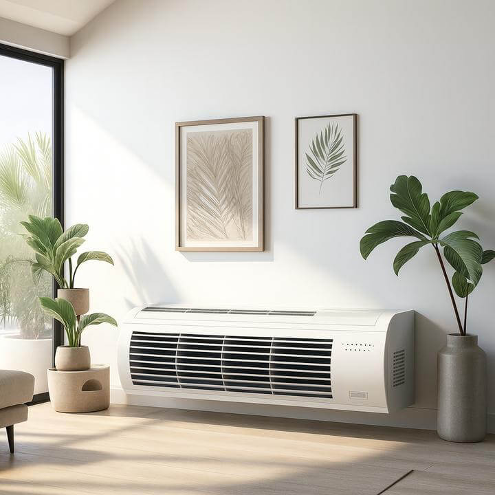 Modern living room with PTAC unit, illustrating "Comment choisir entre une unité PTAC et un système mini-split?"