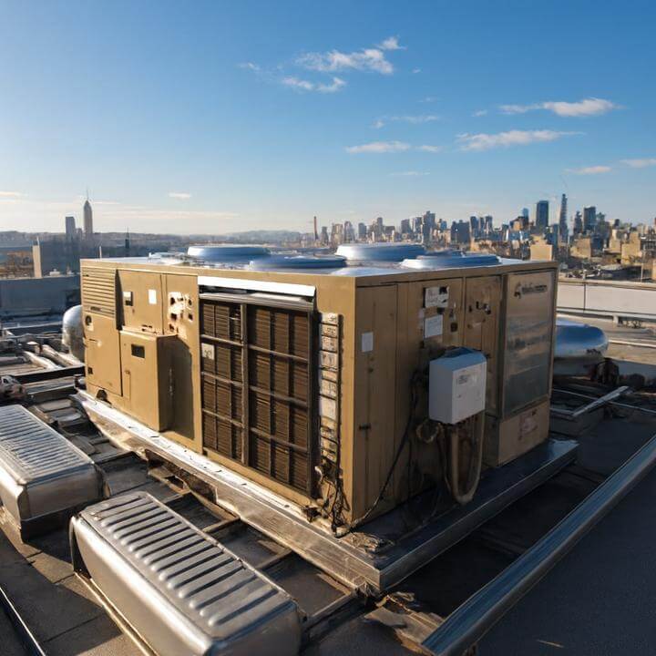 Vue au coucher du soleil d'un système de toiture comparé aux systèmes CVC traditionnels.