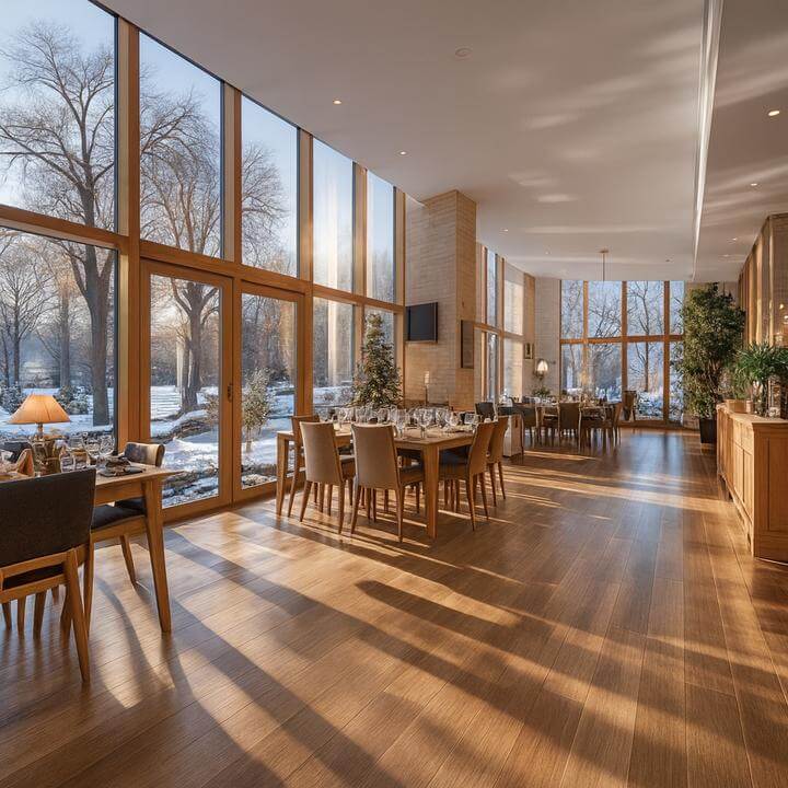 Intérieur ensoleillé avec grandes fenêtres dans un restaurant, idéal pour discuter combien coûte un service de chauffage commercial.