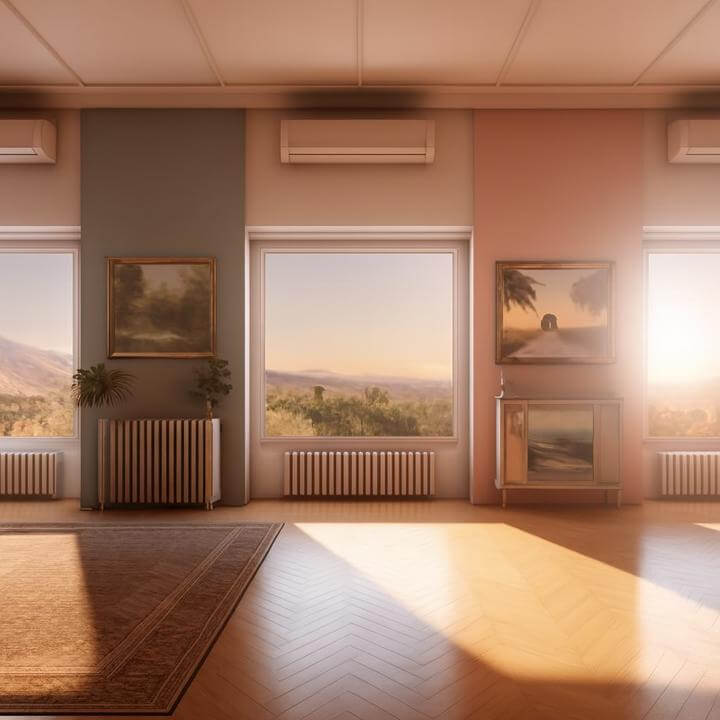 Quelle est l'efficacité énergétique d'un système de thermopompe MultiZone, illustré dans un intérieur moderne avec vue.