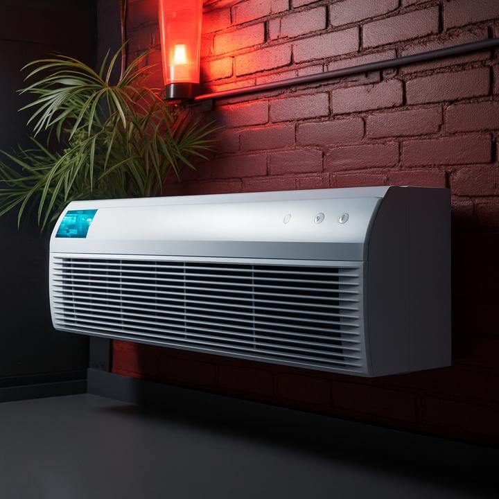 Unité PTAC moderne montée sur un mur rouge, enjeux de "Quels sont les problèmes ou difficultés courants rencontrés avec les unités PTAC?"