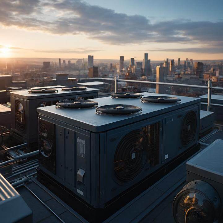 Les systèmes de toiture peuvent-ils être intégrés à l'infrastructure CVC existante? Vue d'unité CVC sur un toit au coucher du soleil.