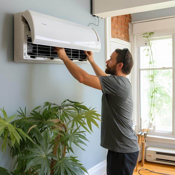 Technicien nettoyant une thermopompe murale chez AirGreen. Comment nettoyer une thermopompe murale?. Guide étape par étape.