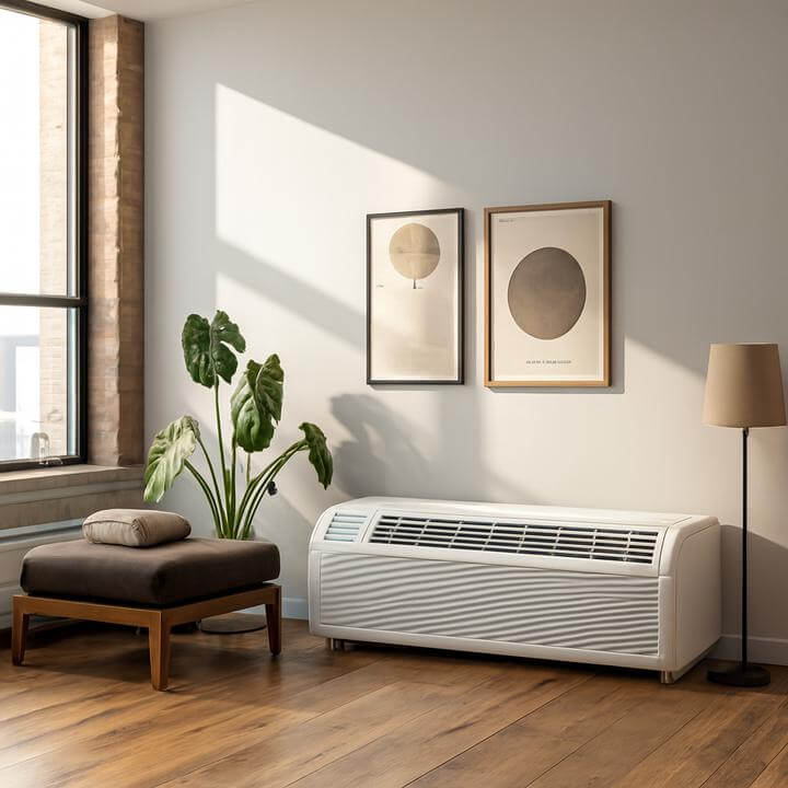 Les unités PTAC sont-elles équipées de purificateurs d'air ou de filtres intégrés, vue d'une unité PTAC moderne dans un salon lumineux.