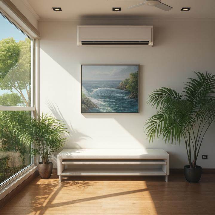 Comment une thermopompe murale gère-t-elle l'humidité dans une pièce lumineuse avec plantes vertes et décor moderne.