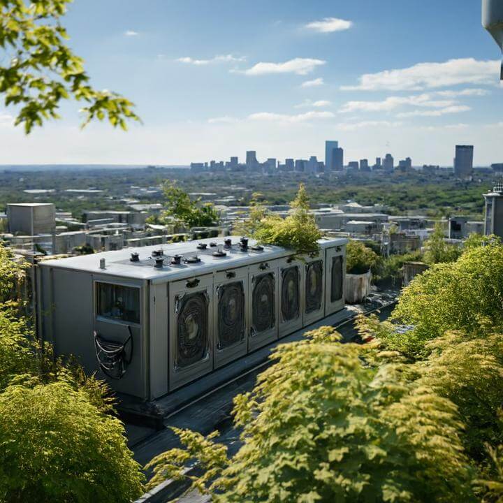Système de climatisation commerciale écologique sur un toit vert à Montréal, illustrant des services de climatisation commerciale écologiques.