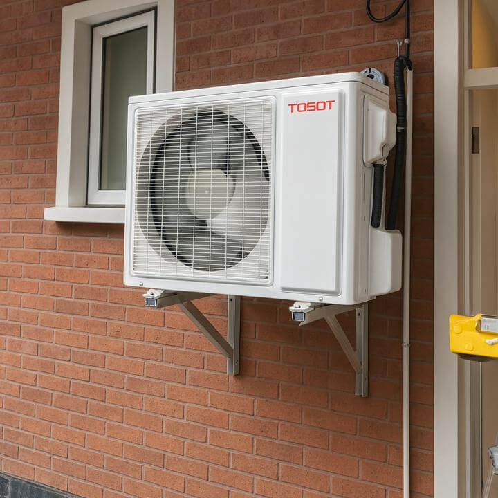 Installation de deux Thermopompes Murales Tosot Lomo 23 à Montréal-Nord, vue des unités extérieures sur mur en brique.