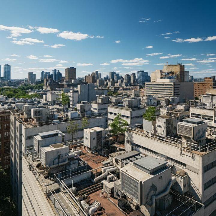 Rooftop commercial HVAC units overlooking Montreal skyline, highlighting the issue "Pourquoi ma climatisation commerciale ne refroidit-elle pas correctement?"