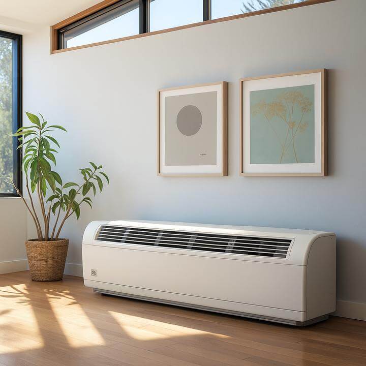 Comment nettoyer et entretenir mon unité PTAC? Unité PTAC moderne installée dans une pièce lumineuse avec décor minimaliste.