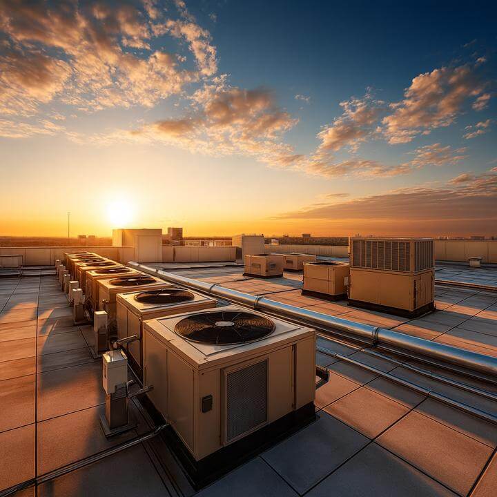 Rooftop view of Qu'est-ce qu'un système monobloc CVC units at sunset, illustrating efficient HVAC solutions.