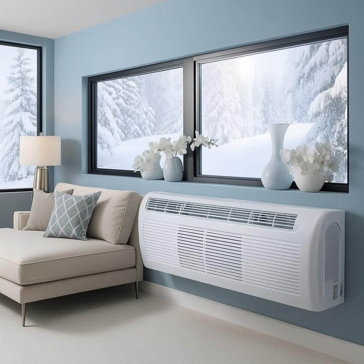 Les unités PTAC sont-elles adaptées aux hivers extrêmes de Montréal? Image d'unité PTAC dans un salon moderne enneigé.