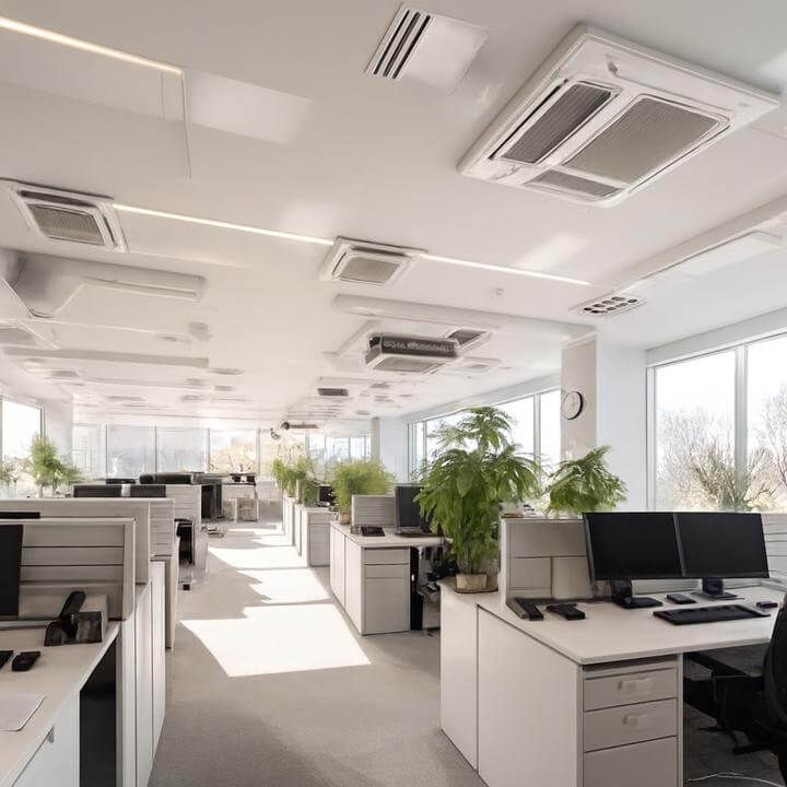 Modern office with CVC systems showing impact on air quality, illustrating 'Comment les systèmes CVC affectent-ils la qualité de l'air intérieur'.