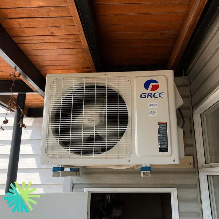 Installation d'un Climatiseur Mural Gree Vita à Mile End, Montréal, monté sur un mur extérieur en bois.