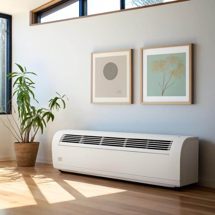 Modern living room highlighting a PTAC unit on wall. À quelle fréquence dois-je entretenir et maintenir mon unité PTAC?