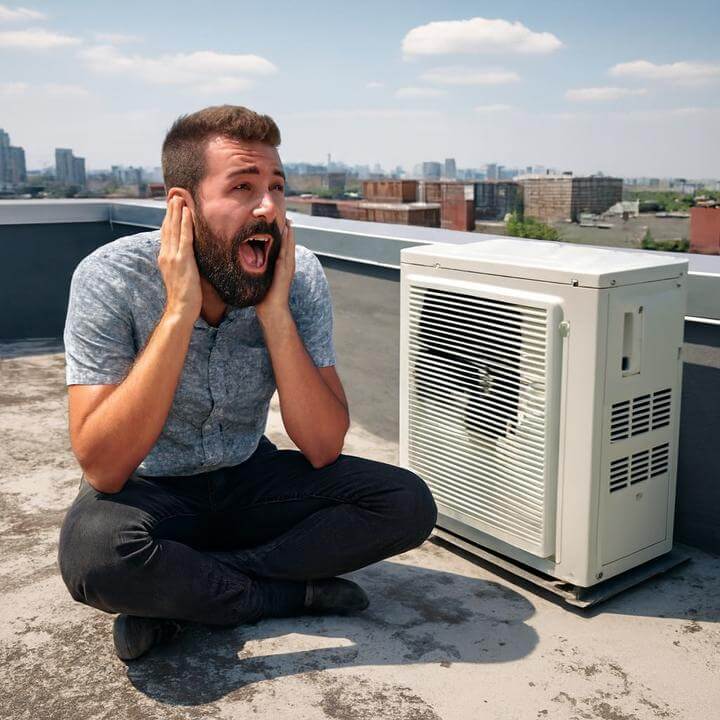 Homme tenant ses oreilles à côté d'un système CVC bruyant sur un toit; comment réduire le bruit d'un système de CVC commercial?