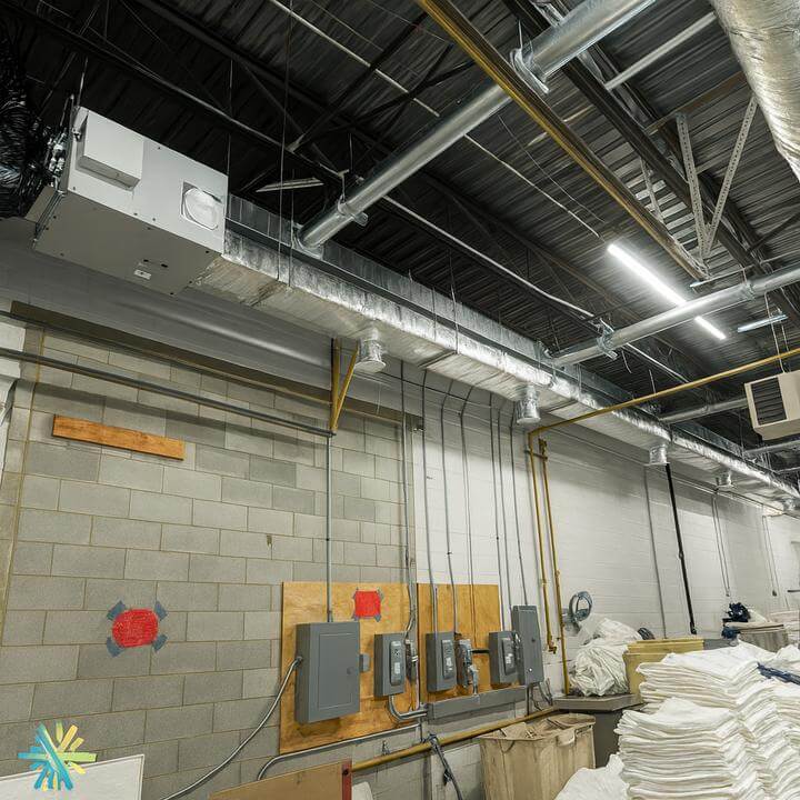 Systèmes de ventilation commerciale adaptés aux exigences saisonnières avec des conduits colorés, intérieur moderne.