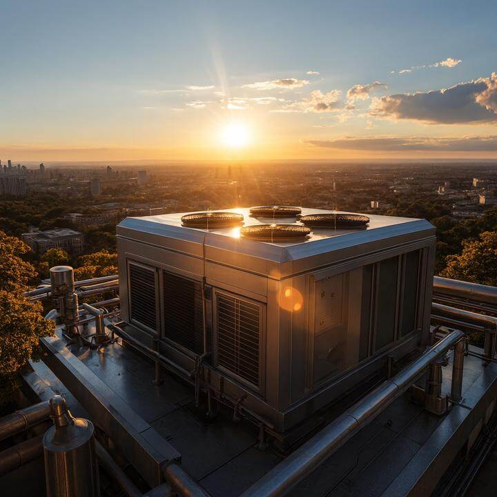 Système de toiture en fonctionnement au coucher du soleil à Montréal, soulignant l'efficacité silencieuse et la question 'À quel point les systèmes de toiture sont-ils bruyants pendant leur fonctionnement?'.