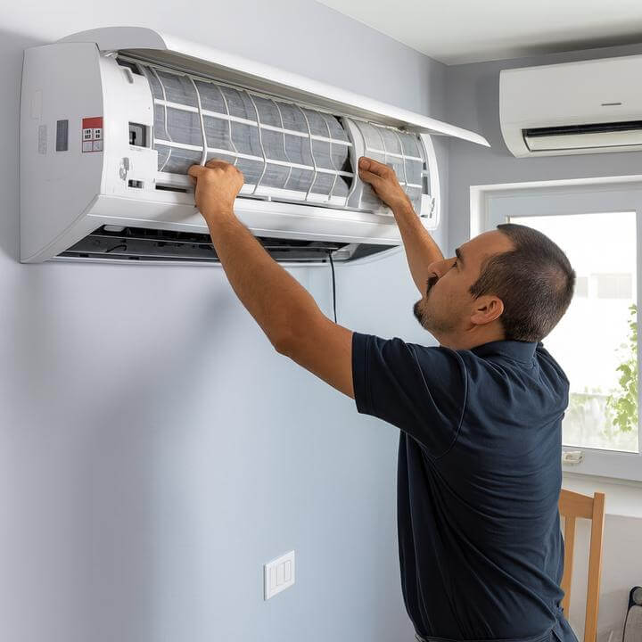 Technicien montrant comment nettoyer un climatiseur mural dans une maison.