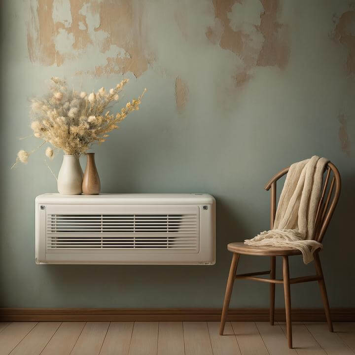 Puis-je installer une unité PTAC dans un bâtiment ancien? Climatiseur mural dans une pièce vintage avec chaise et vase décoratif.