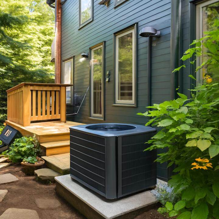 Quelle est la différence entre une thermopompe et une fournaise? Unité de thermopompe installée à l'extérieur d'une maison moderne.