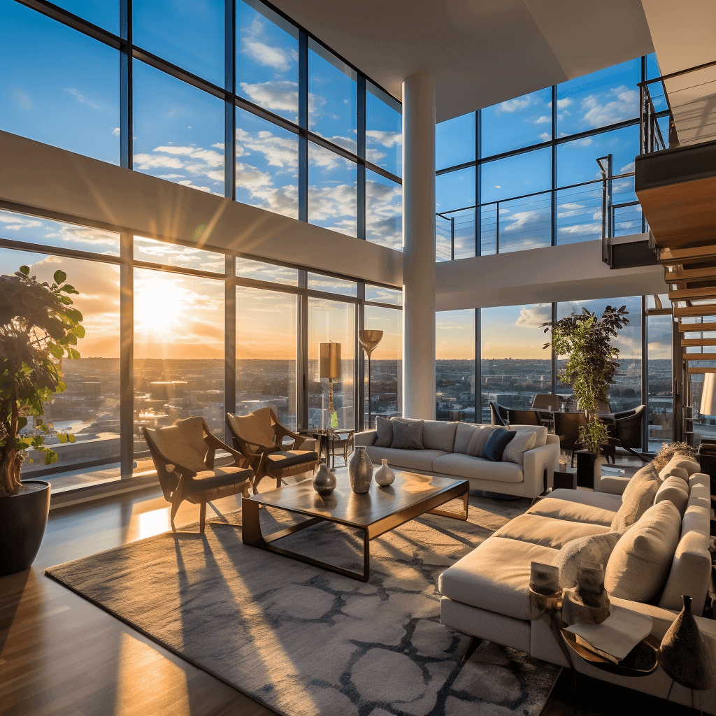 Intérieur d'un penthouse de luxe avec vue panoramique, considérations CVC spécifiques pour les unités de condos de luxe ou penthouse.