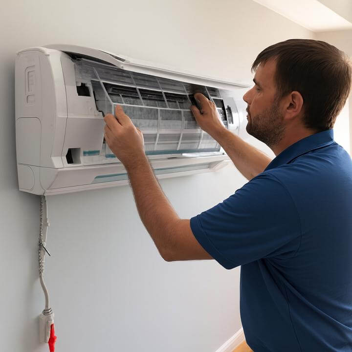 Technicien effectuant l'entretien d'une thermopompe murale : À quelle fréquence une thermopompe murale doit-elle être entretenue?